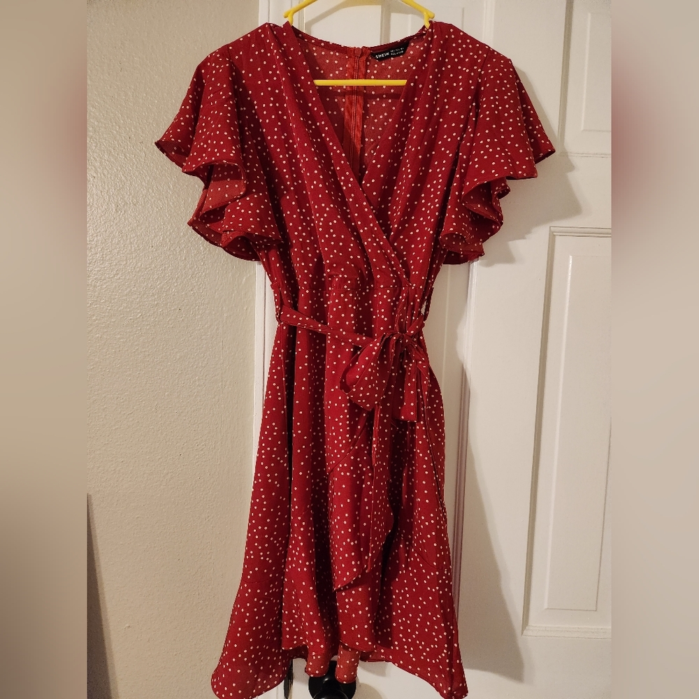 Shein Red dress/ polka dot ruffle wrap tie dress